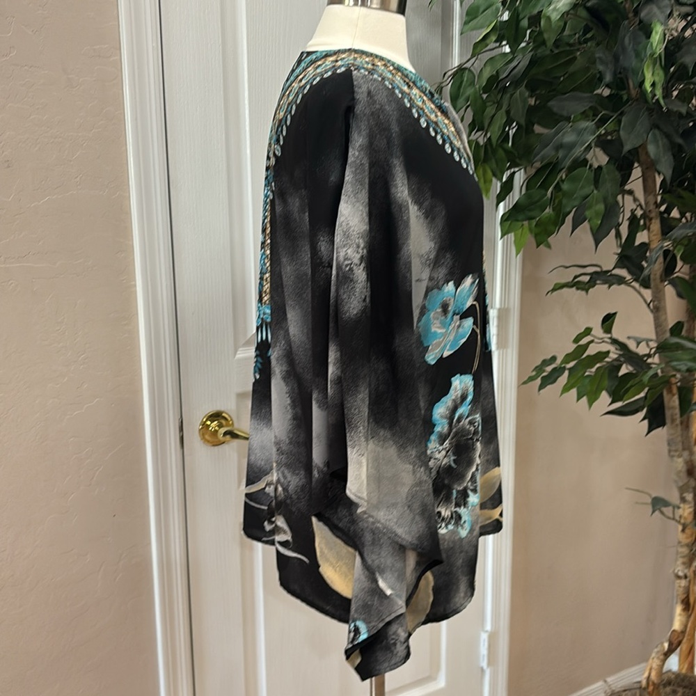 Belle by Kim Gravel Printed V-Neck Lace-Up Poncho ~ Black - Picture 2 of 8